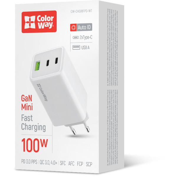 Фото - Мережевий зарядний пристрій Colorway GaN Mini 100W PD Port PPS USB (USB-2C1A) White (CW-CHS061PD-WT)