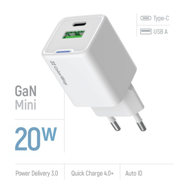 Фото - Мережевий зарядний пристрій Colorway GaN Mini 20W PD Port PPS USB Type-C PD + USB QC4.0 (CW-CHS062PD-WT)