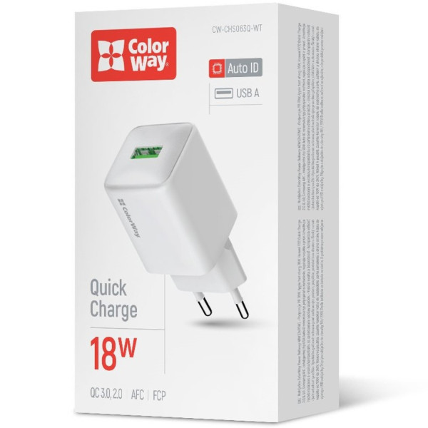 Фото - Мережевий зарядний пристрій Colorway 1USB Quick Charge 3.0 18W V2 White (CW-CHS063Q-WT)
