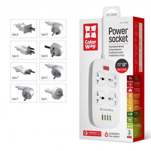 Фото - Мережевий фільтр Colorway 4 розетки/4USB White (CW-CHU44QW)