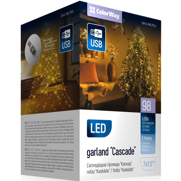 Фото - Гирлянда каскад Colorway LED 98 7x1.5м теплый цвет USB (CW-G-98L71CU)