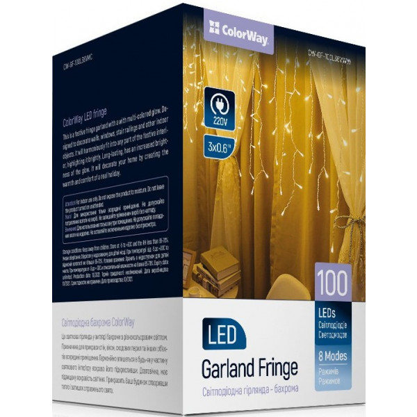 Фото - Гирлянда-штора Colorway Бахрома 3мx0.6м 100Led IP20 (CW-GF-100L36VWW) Фото - Гирлянда-штора Colorway Бахрома 3мx0.6м 100Led IP20 (CW-GF-100L36VWW)