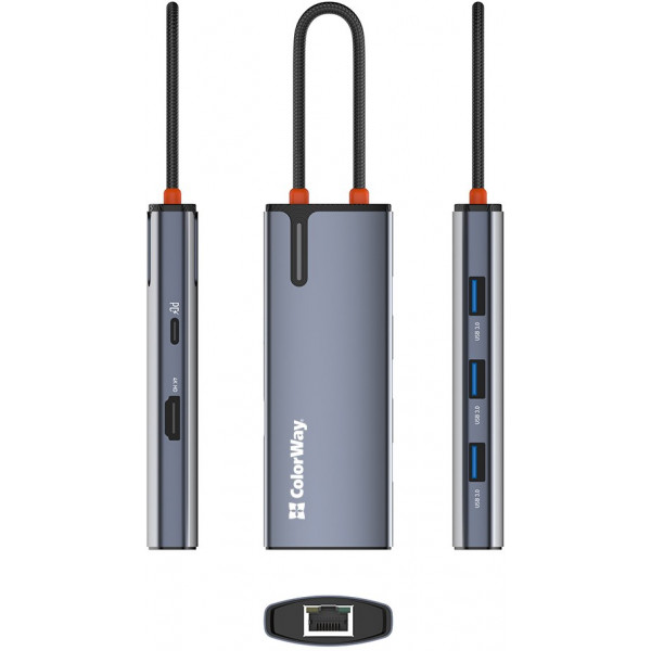 Фото - Хаб USB Colorway USB-C 6-в-1 Type C PD 100W/USB3.0х3/HDMI 4К/RJ45 (CW-HUB02)