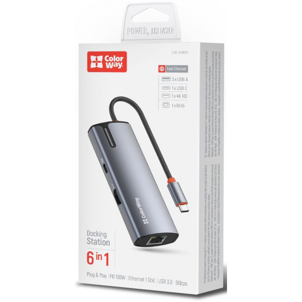 Фото - Хаб USB Colorway USB-C 6-в-1 Type C PD 100W/USB3.0х3/HDMI 4К/RJ45 (CW-HUB02)