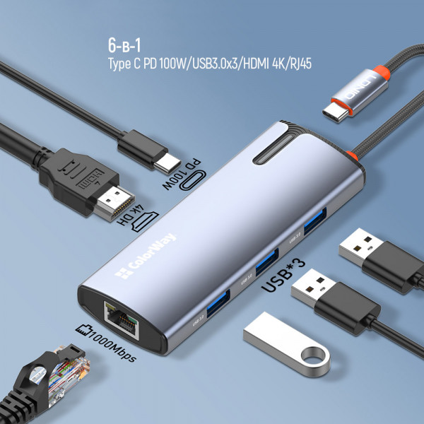 Фото - Хаб USB Colorway USB-C 6-в-1 Type C PD 100W/USB3.0х3/HDMI 4К/RJ45 (CW-HUB02)