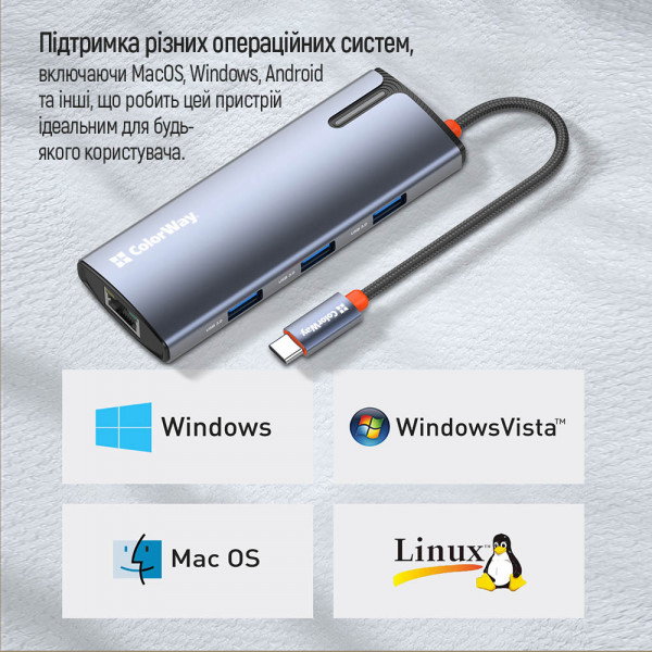 Фото - Хаб USB Colorway USB-C 6-в-1 Type C PD 100W/USB3.0х3/HDMI 4К/RJ45 (CW-HUB02)
