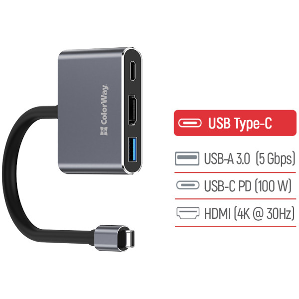 Фото - Хаб USB Colorway USB-C 3-в-1 Type C PD 100W/USB3.0/HDMI 4К (CW-HUB08)