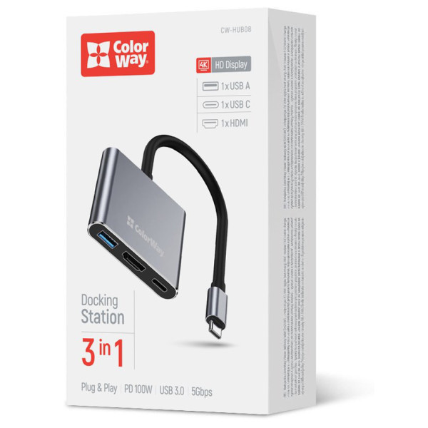 Фото - Хаб USB Colorway USB-C 3-в-1 Type C PD 100W/USB3.0/HDMI 4К (CW-HUB08)
