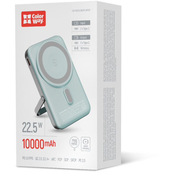 Фото - Батарея мобільна Colorway Power Bank 10 000 mAh 15W MagSafe & Watch Wireless Aquamarine USB-C PD 22.5W (CW-PB100LPA2MT-WPDD)
