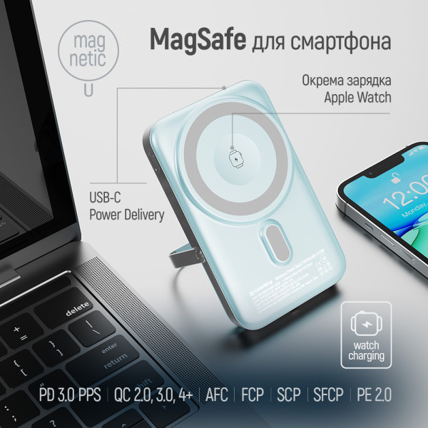 Фото - Батарея мобільна Colorway Power Bank 10 000 mAh 15W MagSafe & Watch Wireless Aquamarine USB-C PD 22.5W (CW-PB100LPA2MT-WPDD)