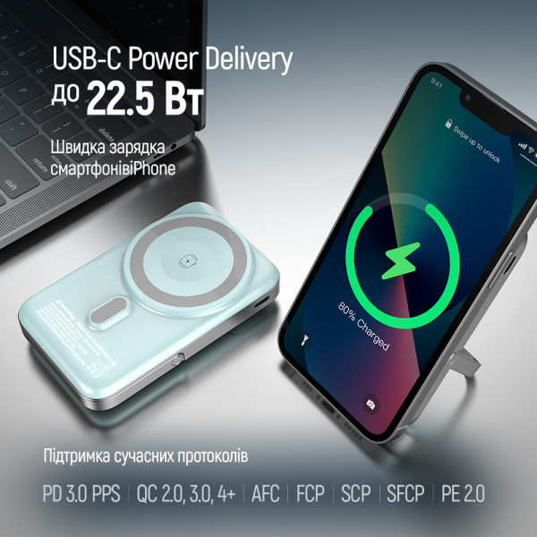 Фото - Батарея мобільна Colorway Power Bank 10 000 mAh 15W MagSafe & Watch Wireless Aquamarine USB-C PD 22.5W (CW-PB100LPA2MT-WPDD)