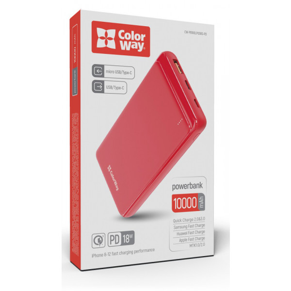 Фото - Батарея мобильная Colorway Power Bank 10 000 mAh Slim (USB QC3.0 + USB-C Power Delivery 18W) Red (CW-PB100LPG3RD-PD)