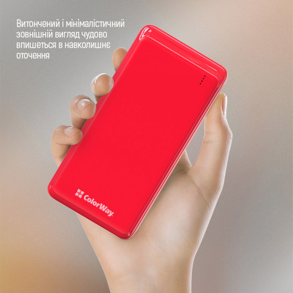 Фото - Батарея мобильная Colorway Power Bank 10 000 mAh Slim (USB QC3.0 + USB-C Power Delivery 18W) Red (CW-PB100LPG3RD-PD)