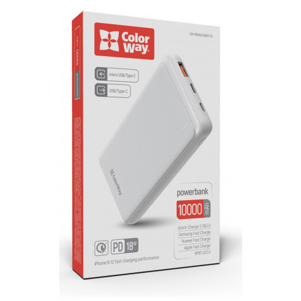 Фото - Батарея мобильная Colorway Power Bank 10 000 mAh Slim (USB QC3.0 + USB-C Power Delivery 18W) White (CW-PB100LPG3WT-PD)