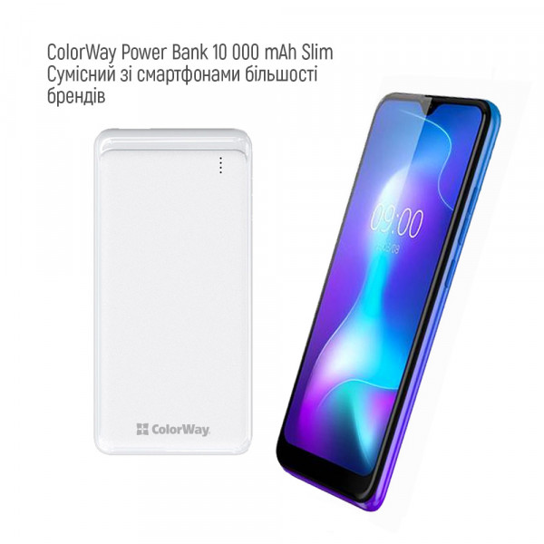 Фото - Батарея мобильная Colorway Power Bank 10 000 mAh Slim (USB QC3.0 + USB-C Power Delivery 18W) White (CW-PB100LPG3WT-PD)