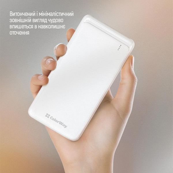 Фото - Батарея мобильная Colorway Power Bank 10 000 mAh Slim (USB QC3.0 + USB-C Power Delivery 18W) White (CW-PB100LPG3WT-PD)