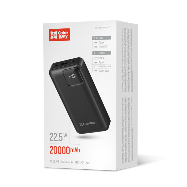 Фото - Батарея мобільна Colorway Power Bank 20000 mAh Optimal Power USB QC3.0 + USB-C PD22.5W Black (CW-PB200LPB5BK-PDD)