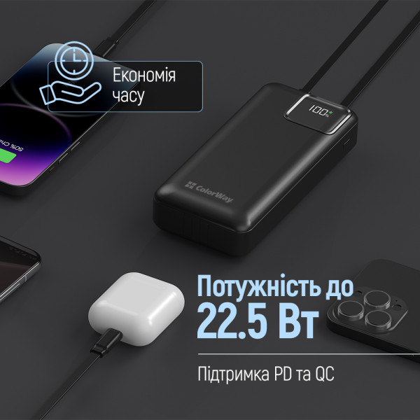 Фото - Батарея мобільна Colorway Power Bank 20000 mAh Optimal Power USB QC3.0 + USB-C PD22.5W Black (CW-PB200LPB5BK-PDD)