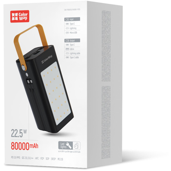 Фото - Батарея мобильная Colorway 80000 mAh LCD/Lamp USB QC3.0 + USB-C Power Delivery 22.5W Black (CW-PB800LPA8BK-PDD)