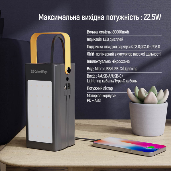 Фото - Батарея мобильная Colorway 80000 mAh LCD/Lamp USB QC3.0 + USB-C Power Delivery 22.5W Black (CW-PB800LPA8BK-PDD)