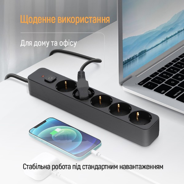 Фото - Мережевий фільтр Colorway 10A/2500W (CCA-3G1MM) 5 р/2M Black (CW-PSEA1052BK)