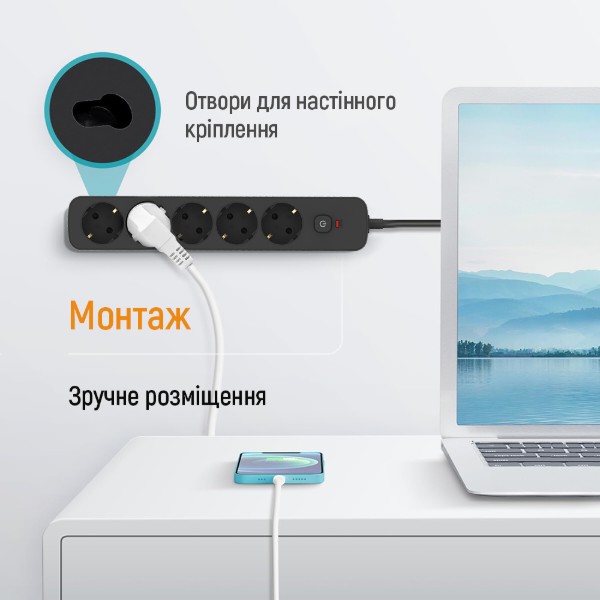 Фото - Мережевий фільтр Colorway 10A/2500W (CCA-3G1MM) 5 р/2M Black (CW-PSEA1052BK)