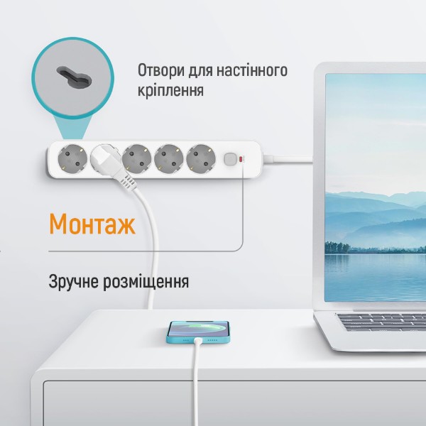 Фото - Мережевий фільтр Colorway 10A/2500W (CCA-3G1MM) 5 р/2M White (CW-PSEA1052W)