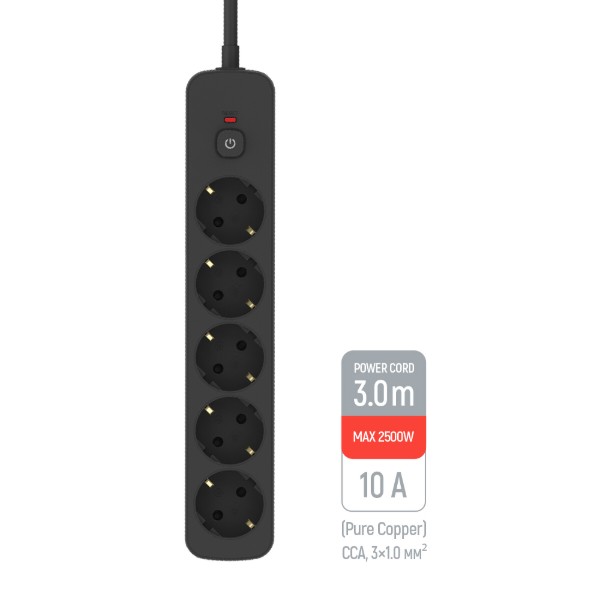 Фото - Мережевий фільтр Colorway 10A/2500W (CCA-3G1MM) 5 р/3M Black (CW-PSEA1053BK)