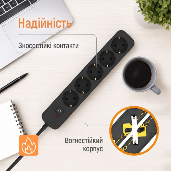 Фото - Мережевий фільтр Colorway 10A/2500W (CCA-3G1MM) 5 р/3M Black (CW-PSEA1053BK)