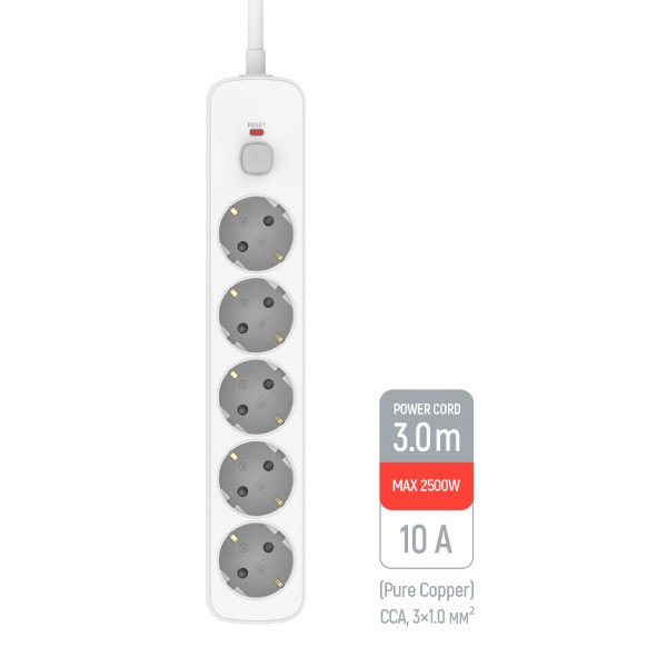 Фото - Мережевий фільтр Colorway 10A/2500W (CCA-3G1MM) 5 р/3M White (CW-PSEA1053W)