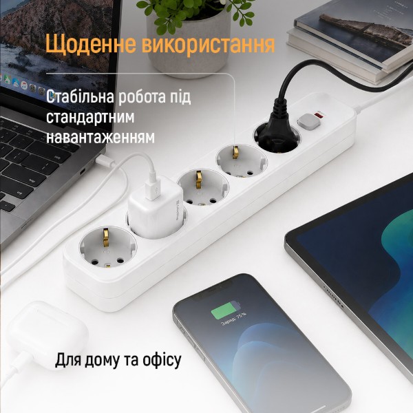Фото - Мережевий фільтр Colorway 10A/2500W (CCA-3G1MM) 5 р/3M White (CW-PSEA1053W)