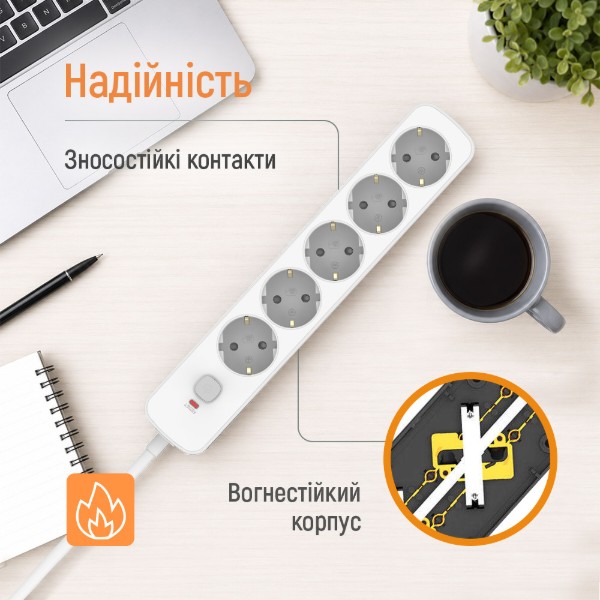 Фото - Мережевий фільтр Colorway 10A/2500W (CCA-3G1MM) 5 р/3M White (CW-PSEA1053W)