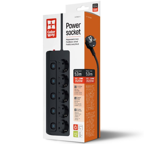 Фото - Мережевий фільтр Colorway 5 р 5 м Black (CW-PSEA55SBK)