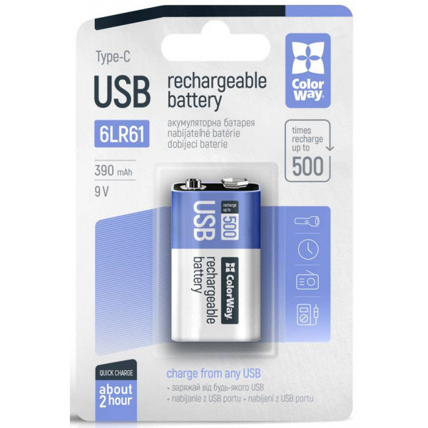 Фото - Елемент живлення тип 9V/6LR61 Colorway USB-С 390 мАг 9В (CW-UB9V-06)