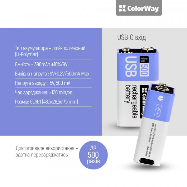 Фото - Елемент живлення тип 9V/6LR61 Colorway USB-С 390 мАг 9В (CW-UB9V-06)