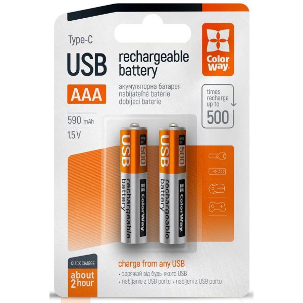 Фото - Аккумулятор тип AAA Colorway USB-С 590 мАЧ 1.5В 2 шт. (CW-UBAAA-09)