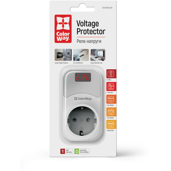 Фото - Автомат защиты от всплесков напряжения Colorway 16A/3680W 150V-210V/230V-280V DS1 White (CW-VR16-01D)