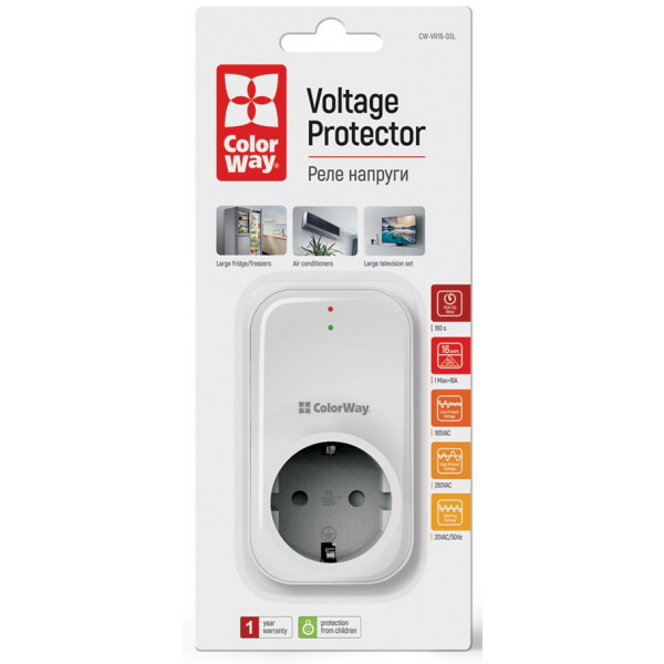 Фото - Автомат защиты от всплесков напряжения Colorway 16A/3680W 165V/260V LED1 White (CW-VR16-03L)