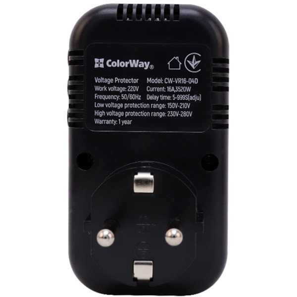 Фото - Автомат защиты от всплесков напряжения Colorway (16A/3680W) 150V-210V/230V-280V DS4 Black (CW-VR16-04D)