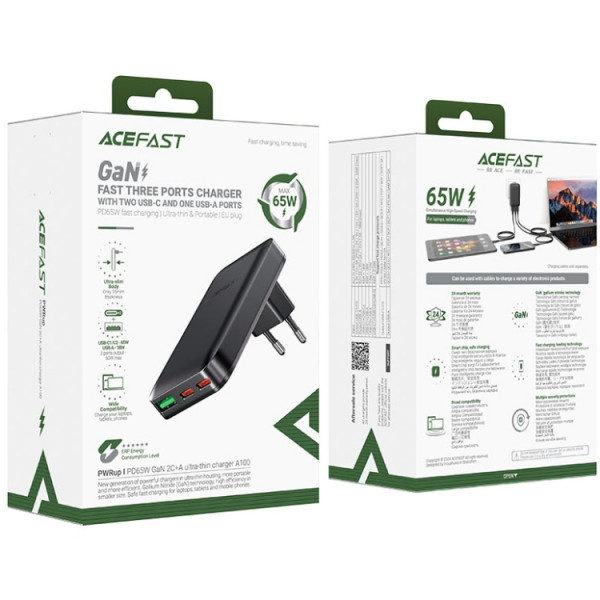 Фото - Мережевий зарядний пристрій AceFast 3xUSB 65W (2xUSB-C+USB-A) Gan A100 Fast Charger Ultra thin black (6974316283492)
