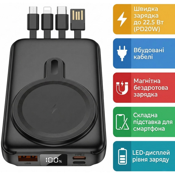 Фото - Батарея мобильная HOCO J135 Rico 22.5W + PD20W Magnetic со встроенными кабелями + подставка (10000 mAh) Black (715097)