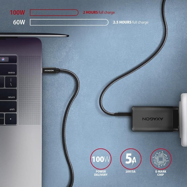 Фото - Кабель AXAGON USB-C 3.2 Gen 2, 2m, PD 100W, 5A, 4K HD, Black (BUCM32-CM20AB)