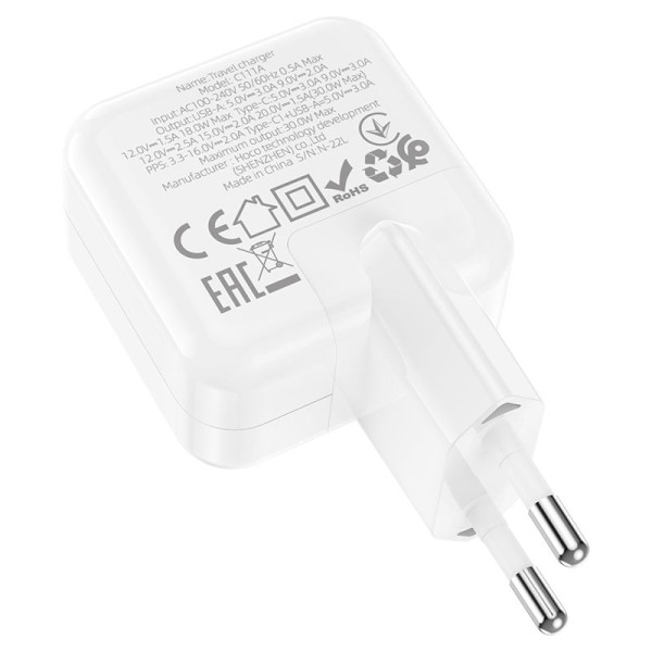 Фото - Мережевий зарядний пристрій HOCO C111A Lucky dual-port PD30W+QC3.0 charger White (6931474790866)