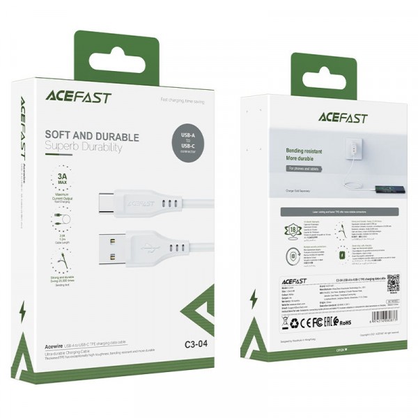 Фото - Кабель AceFast USB 2.0 USB-A to USB-C, 1,2 м, 3.0A, TPE C3-04 White (6974316280873)