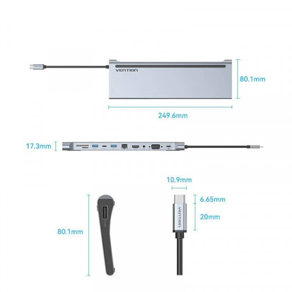 Фото - Док-станция Vention USB3.1 Type-C HDMI/VGA/USB-C/USB3.0x3/RJ45/SD/TF/TRRS 3.5mm (THTHC)