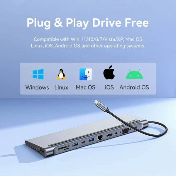 Фото - Док-станция Vention USB3.1 Type-C HDMI/VGA/USB-C/USB3.0x3/RJ45/SD/TF/TRRS 3.5mm (THTHC)