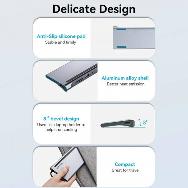 Фото - Док-станция Vention USB3.1 Type-C HDMI/VGA/USB-C/USB3.0x3/RJ45/SD/TF/TRRS 3.5mm (THTHC)