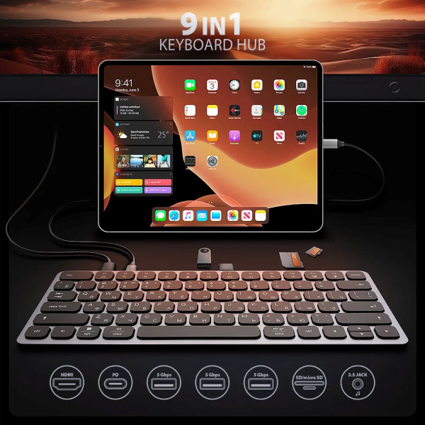 Фото - Клавіатура дротова AXAGON HMC-KB USB-C 5Gbps KEYBOARD 9in1 hub, EN/UA layout, Silver/Black (HMC-KB-CRL)
