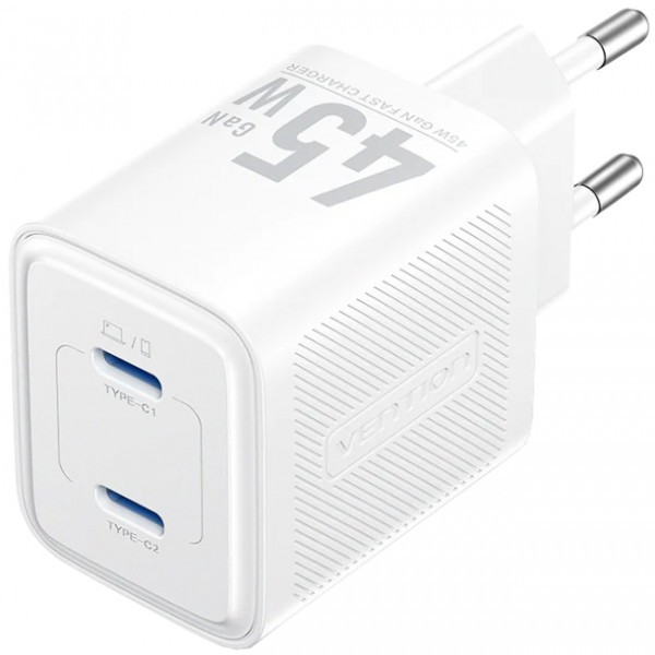 Фото - Мережевий зарядний пристрій Vention 45W 2xUSB-С GaN White (FEFW0-EU)