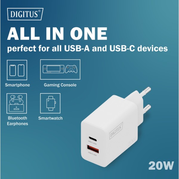 Фото - Мережевий зарядний пристрій Digitus 1хUSB-C 1хUSB-A 20W (DA-10300)